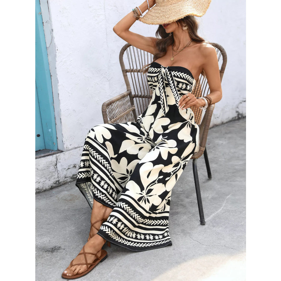 Floral Print Strapless Tie Front Wide Leg Jumpsuit Apparel and Accessories