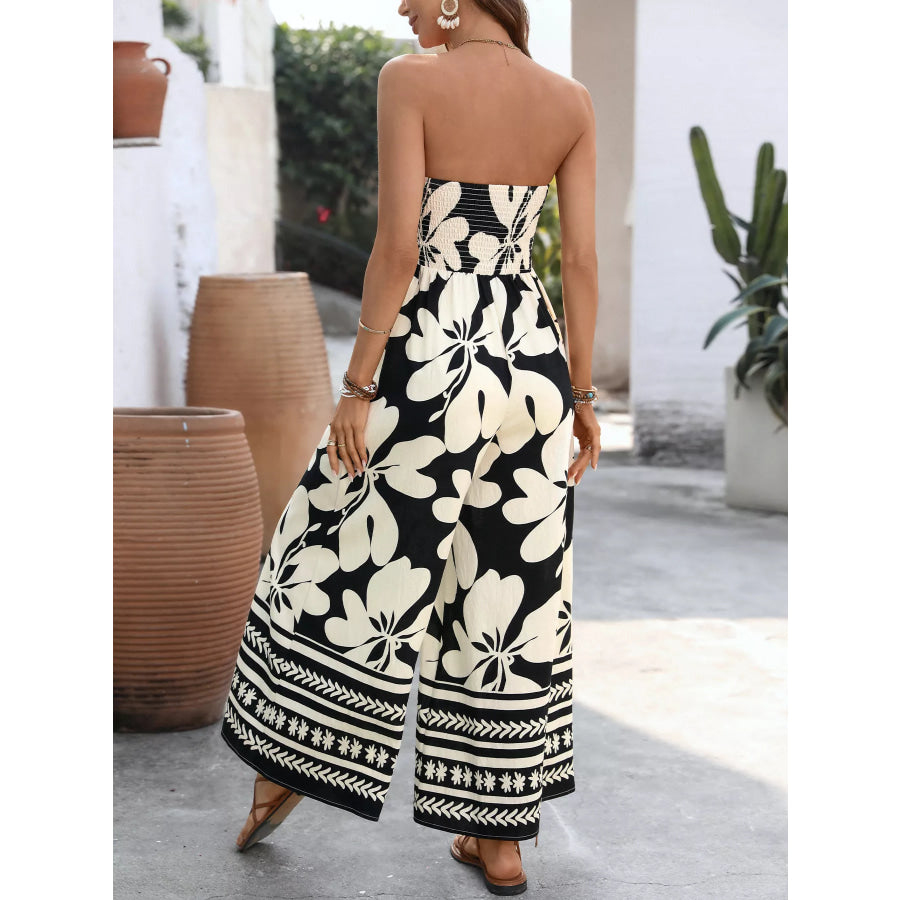 Floral Print Strapless Tie Front Wide Leg Jumpsuit Apparel and Accessories