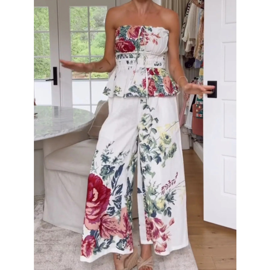 Floral Print Strapless Top and Wide-Leg Pants Set Apparel and Accessories