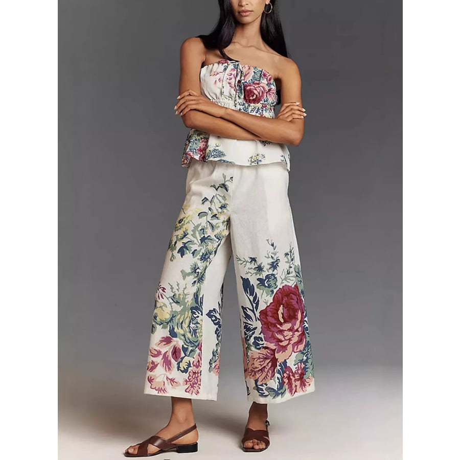 Floral Print Strapless Top and Wide-Leg Pants Set Apparel and Accessories