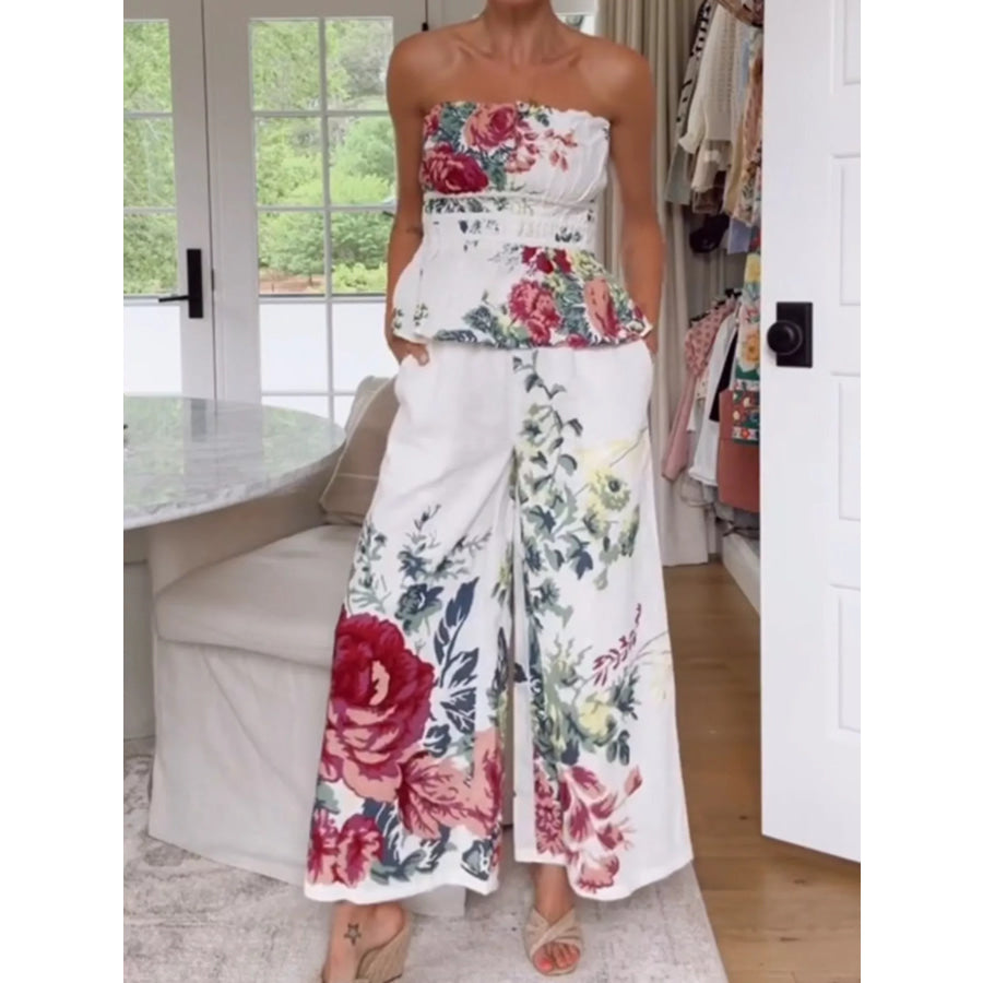 Floral Print Strapless Top and Wide-Leg Pants Set Apparel and Accessories