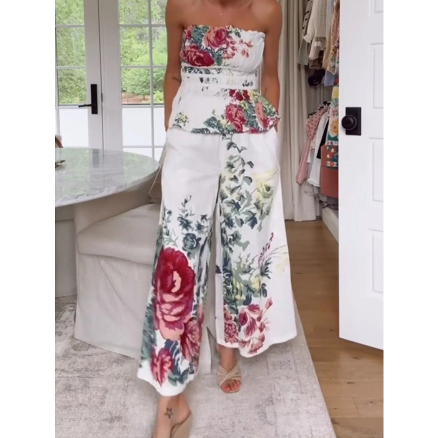 Floral Print Strapless Top and Wide-Leg Pants Set Apparel and Accessories