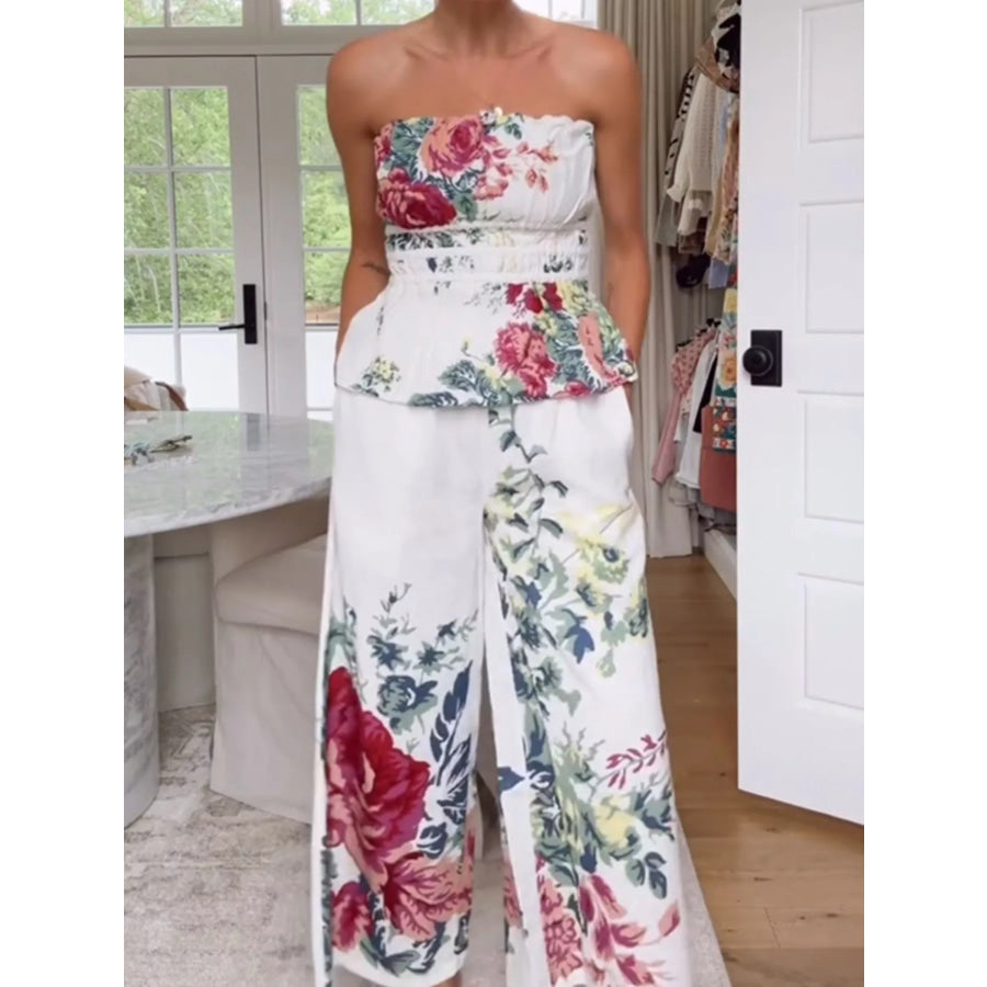 Floral Print Strapless Top and Wide-Leg Pants Set Apparel and Accessories