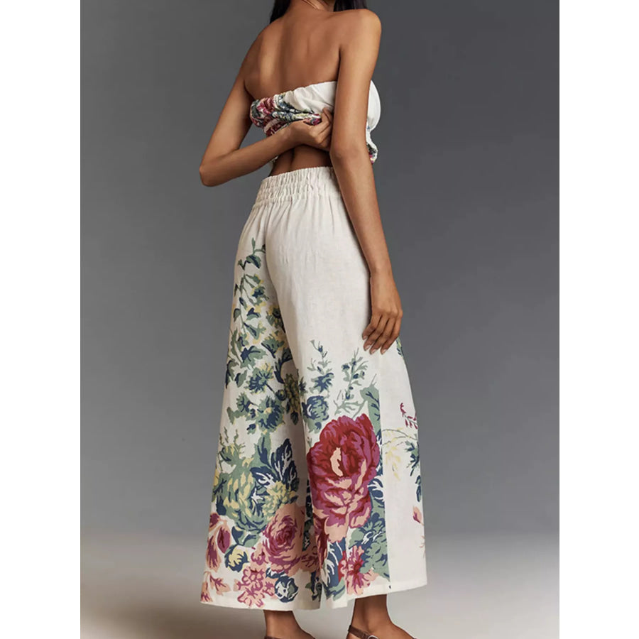 Floral Print Strapless Top and Wide-Leg Pants Set Apparel and Accessories