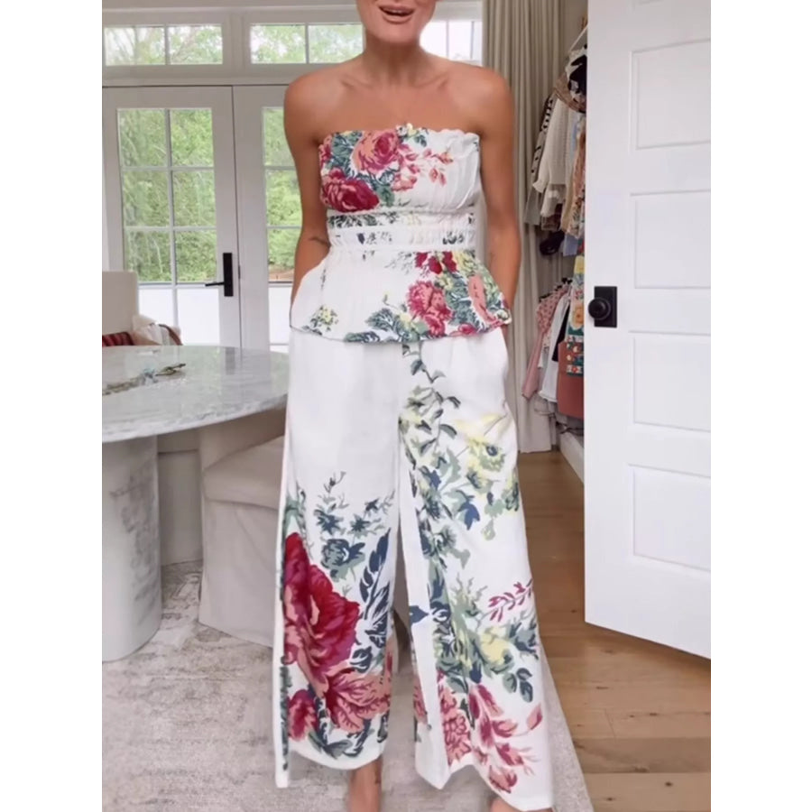 Floral Print Strapless Top and Wide-Leg Pants Set Apparel and Accessories