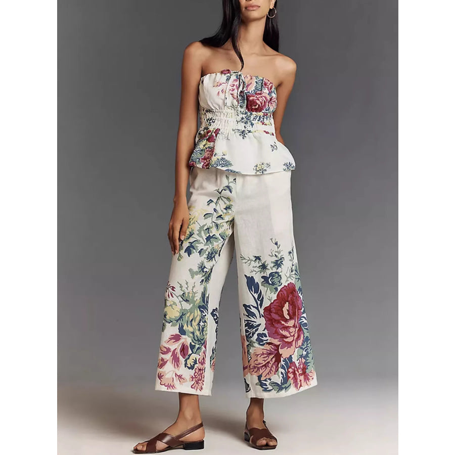 Floral Print Strapless Top and Wide-Leg Pants Set Floral / S Apparel and Accessories