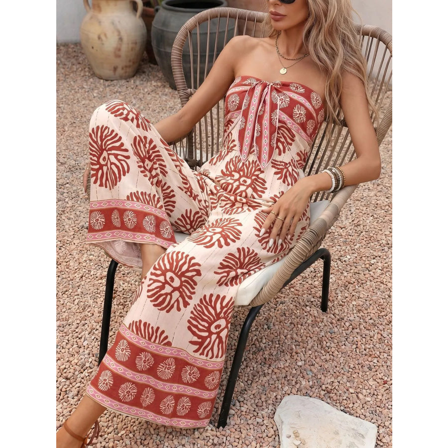 Floral Print Strapless Wide Leg Jumpsuit Apparel and Accessories