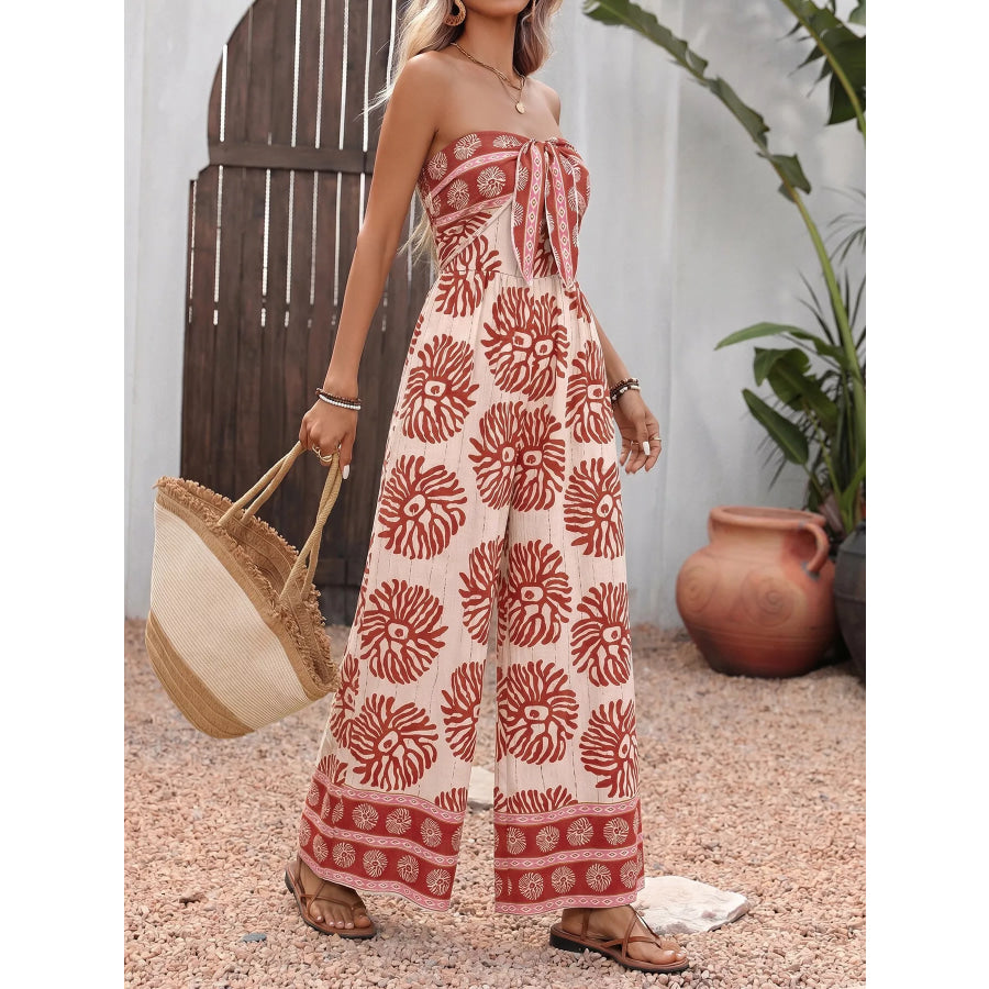 Floral Print Strapless Wide Leg Jumpsuit Apparel and Accessories