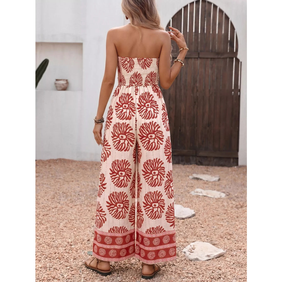 Floral Print Strapless Wide Leg Jumpsuit Apparel and Accessories