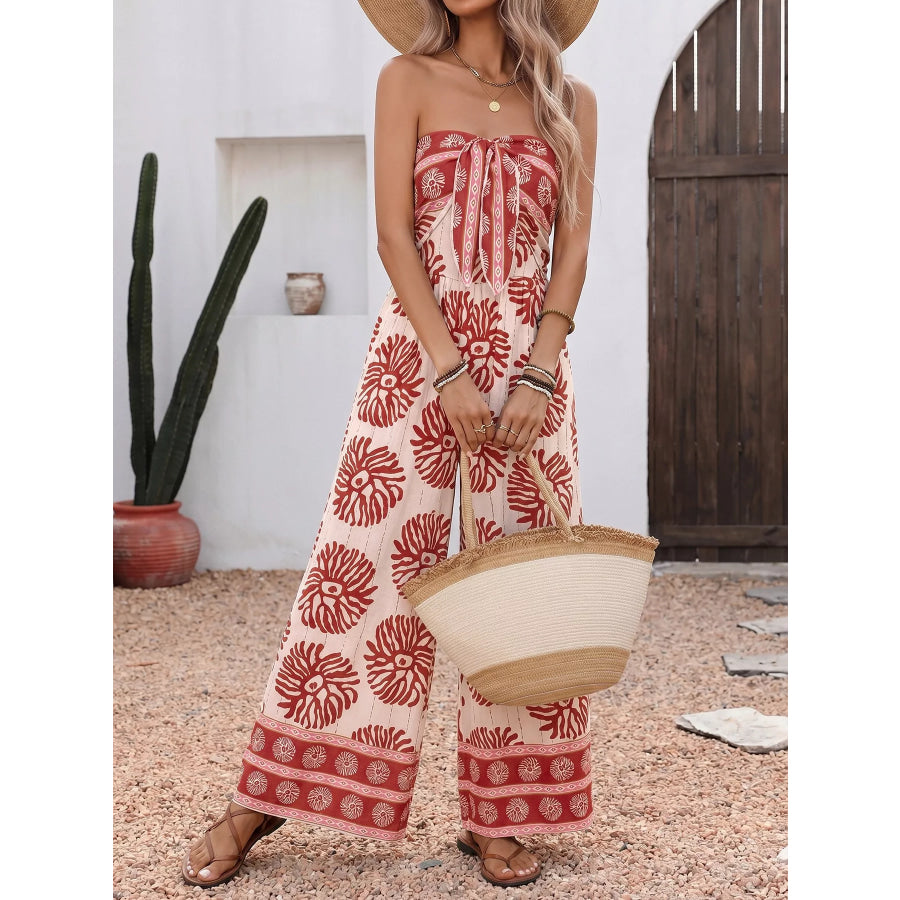 Floral Print Strapless Wide Leg Jumpsuit Mahogany Color / S Apparel and Accessories