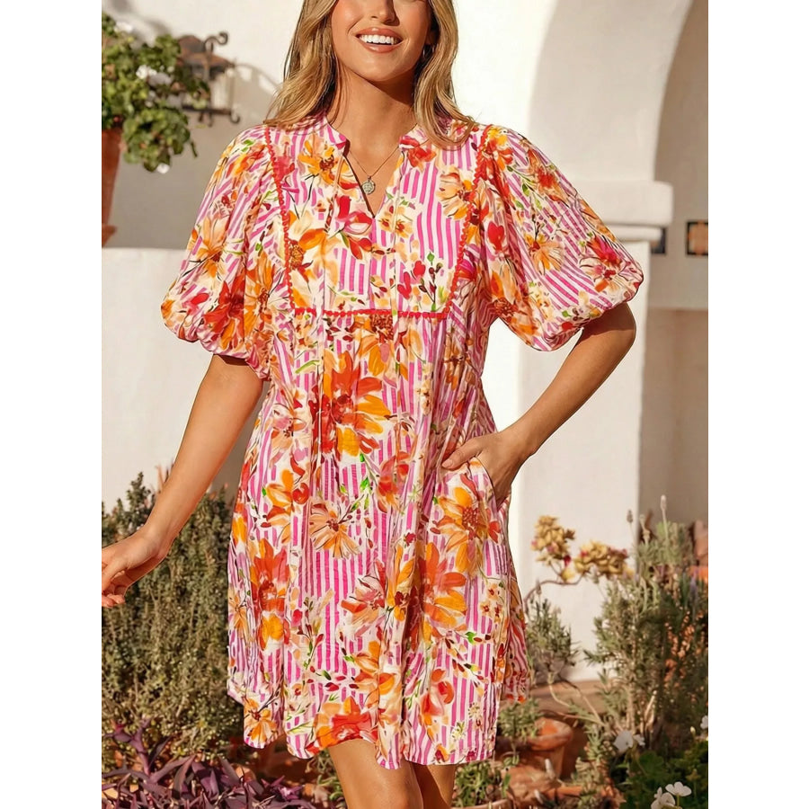 Floral Print Striped Casual Mini Dress Burnt Coral / S Apparel and Accessories