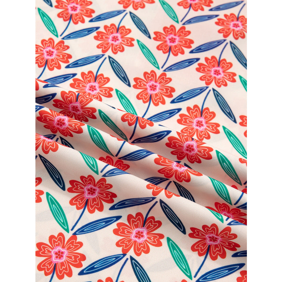 Floral Print Striped Detail V Neck Ruffled Short Sleeve Blouse Apparel and Accessories