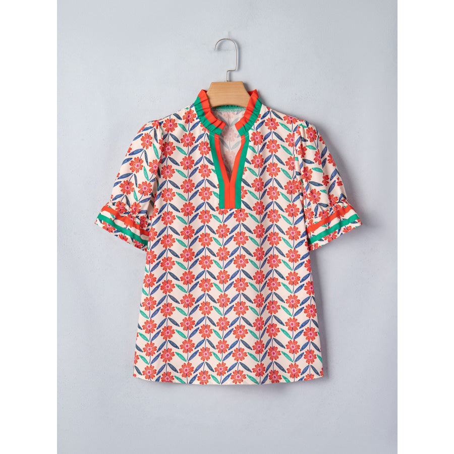 Floral Print Striped Detail V Neck Ruffled Short Sleeve Blouse Apparel and Accessories