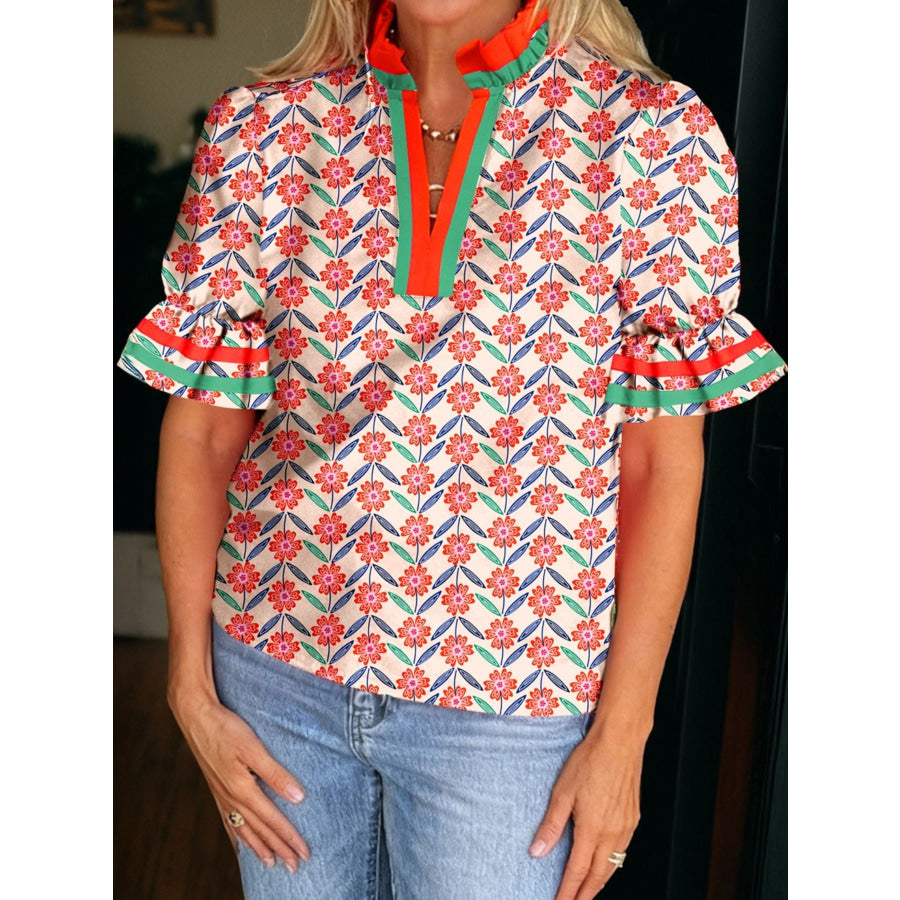 Floral Print Striped Detail V Neck Ruffled Short Sleeve Blouse Floral / S Apparel and Accessories
