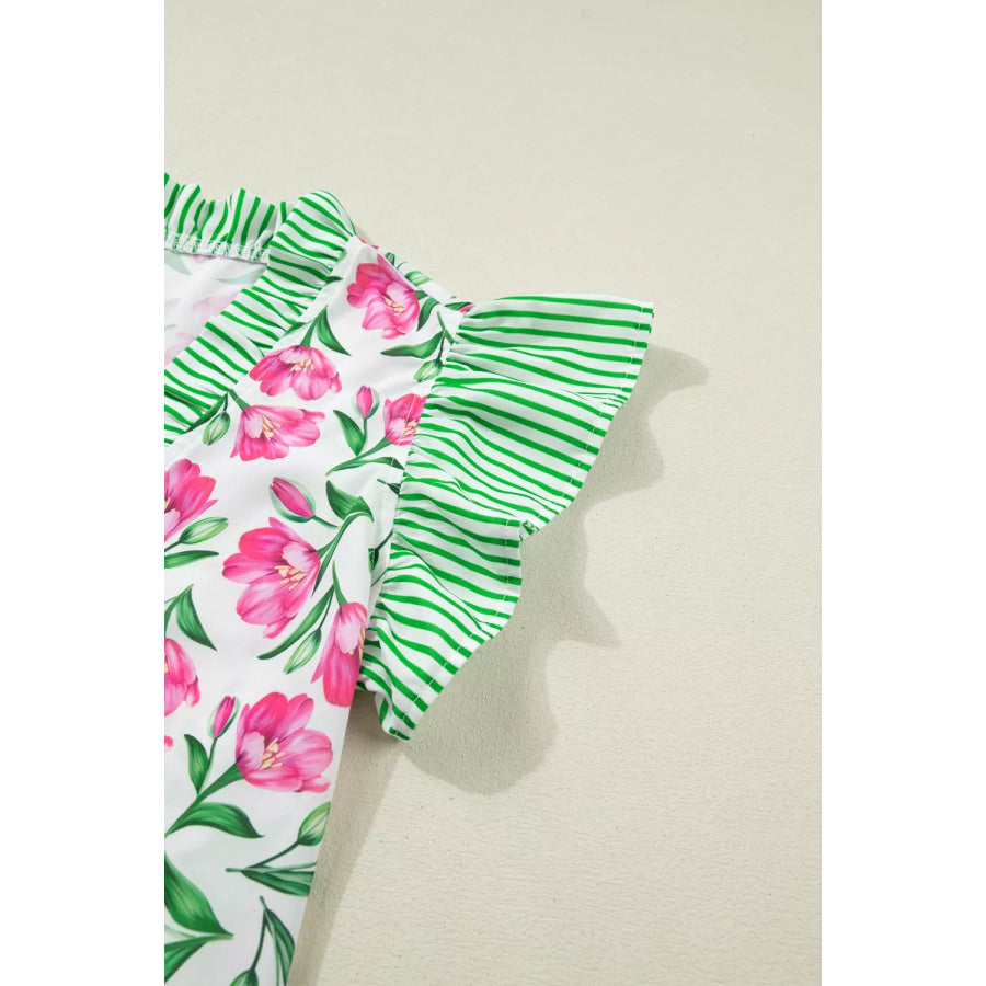 Floral Print Striped Ruffle Trim V Neck Blouse Apparel and Accessories