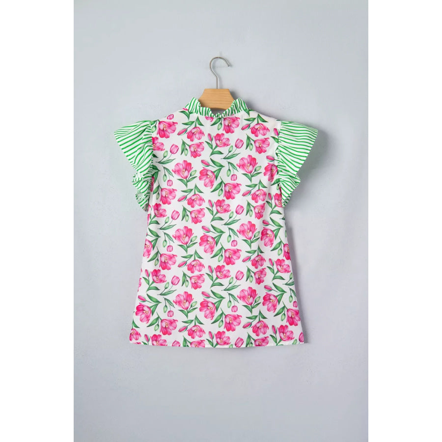Floral Print Striped Ruffle Trim V Neck Blouse Apparel and Accessories