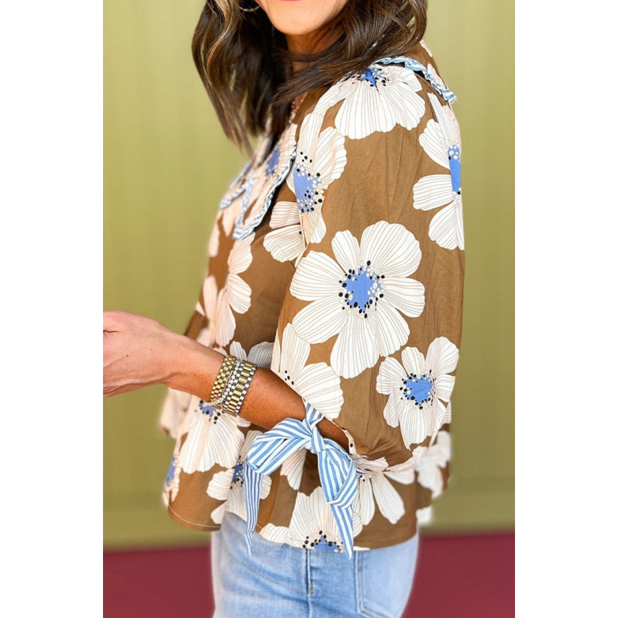 Floral Print Striped Tie Sleeve Blouse Apparel and Accessories