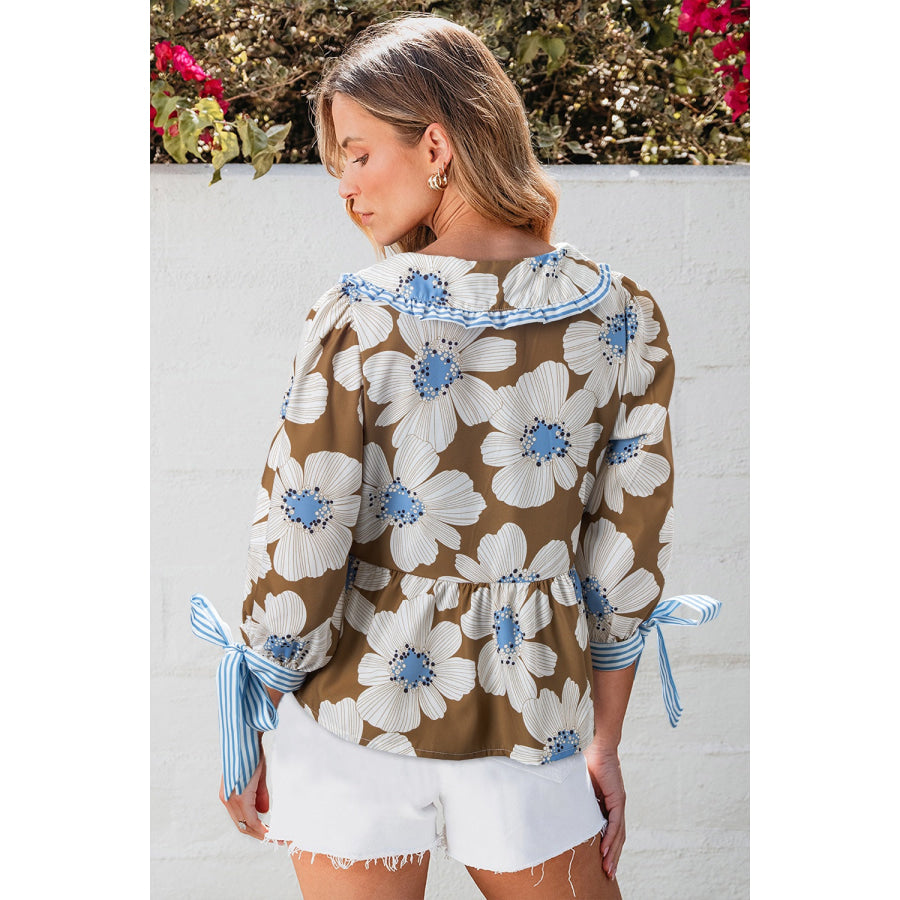 Floral Print Striped Tie Sleeve Blouse Camel / S Apparel and Accessories