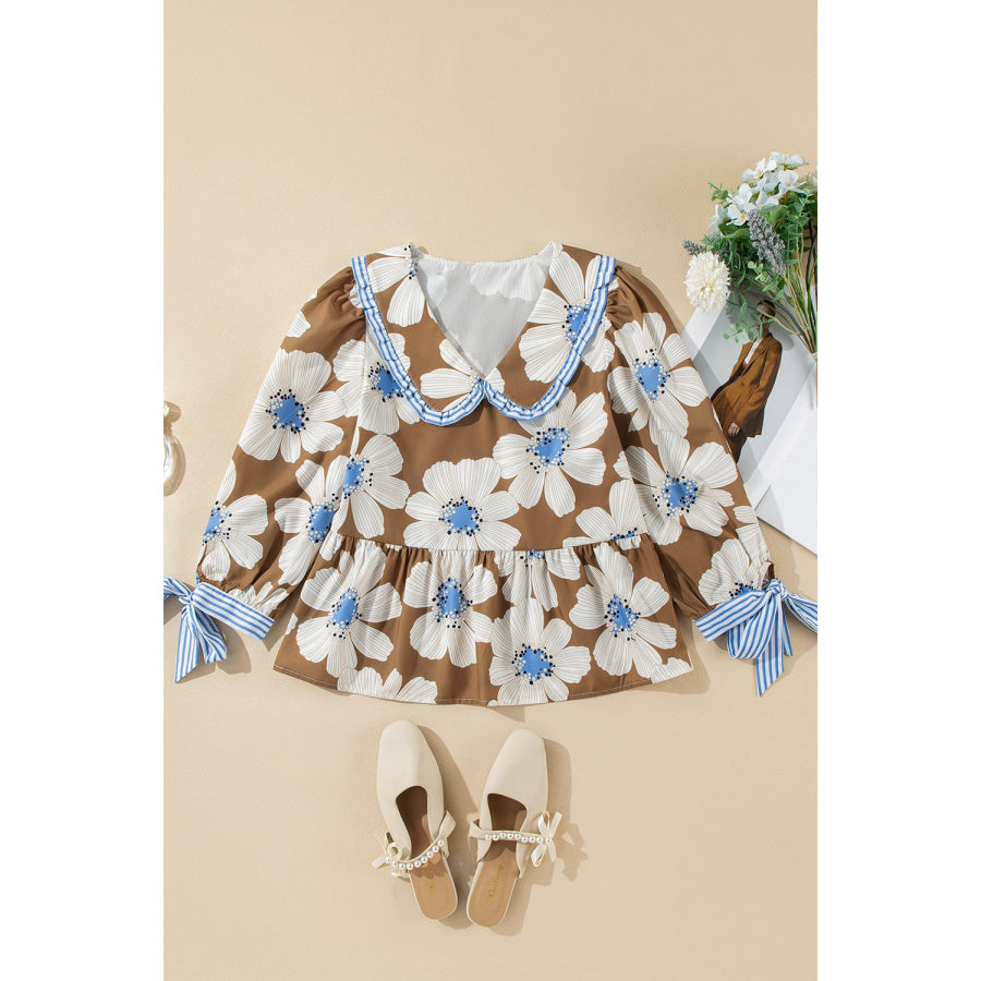 Floral Print Striped Tie Sleeve Blouse Apparel and Accessories