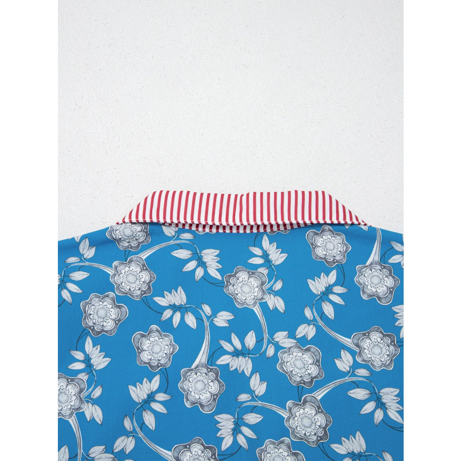 Floral Print Striped Trim Button Neck Short Sleeve Blouse Apparel and Accessories