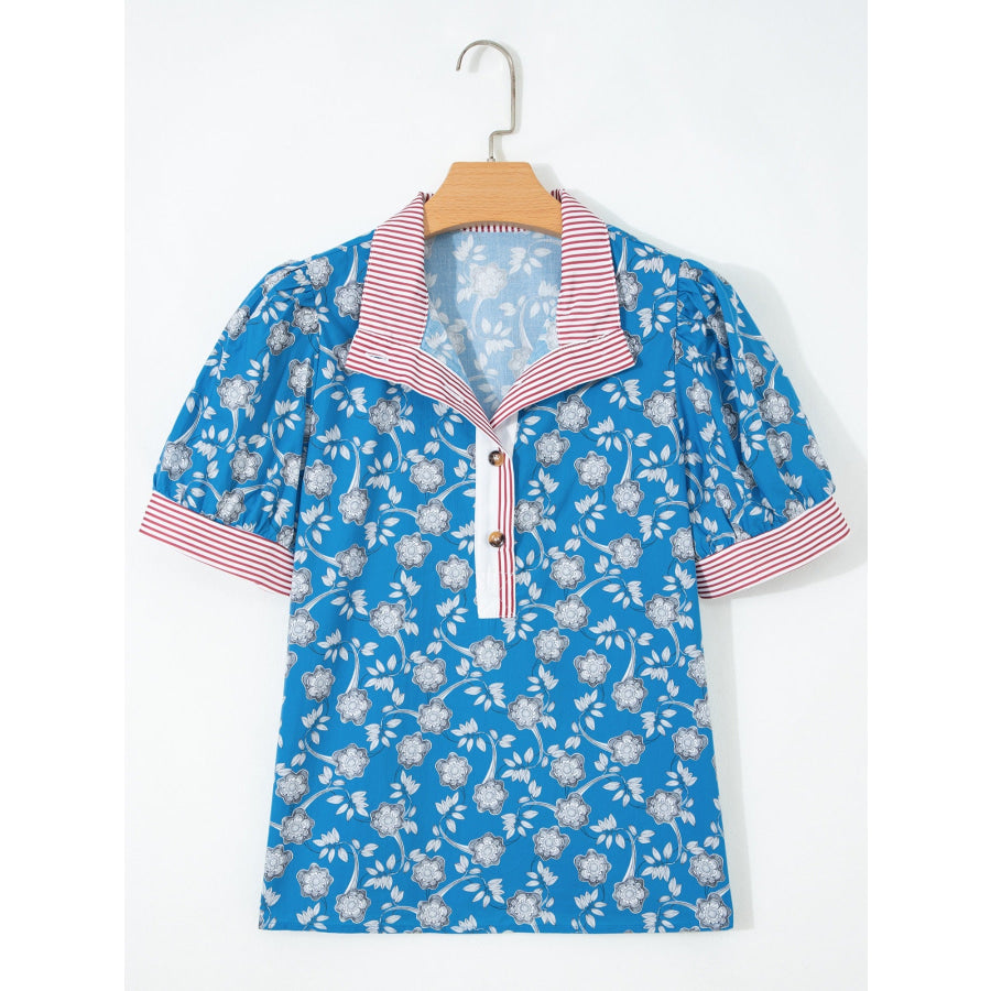Floral Print Striped Trim Button Neck Short Sleeve Blouse Apparel and Accessories