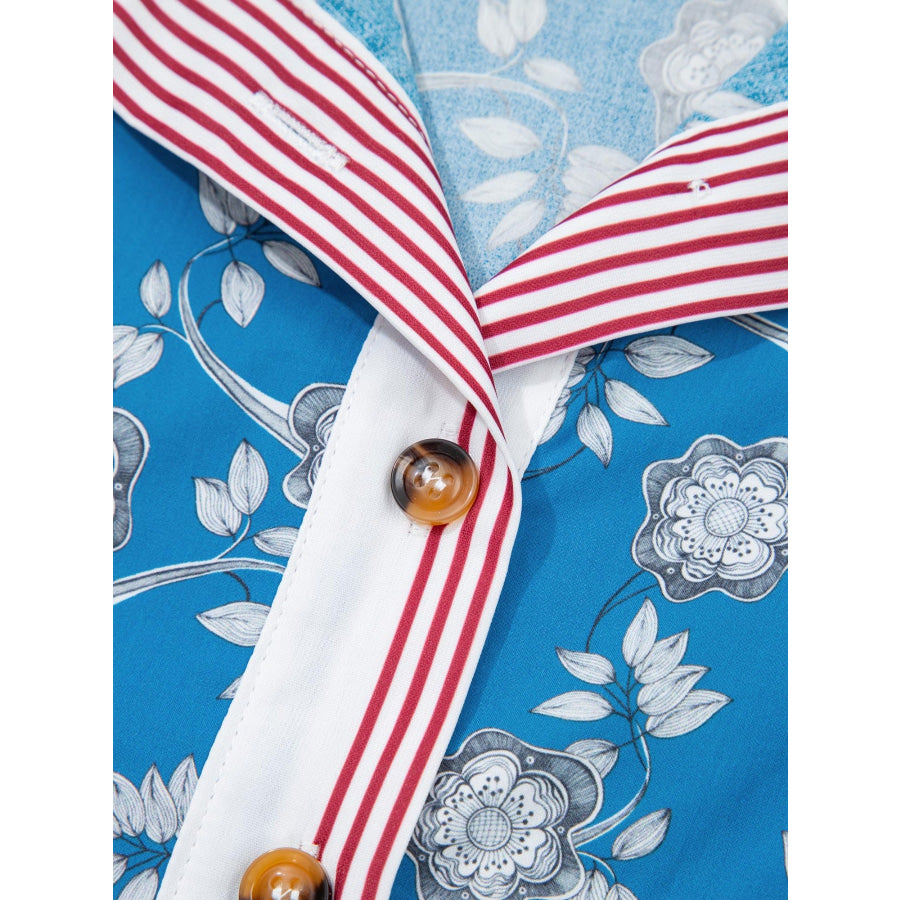 Floral Print Striped Trim Button Neck Short Sleeve Blouse Apparel and Accessories