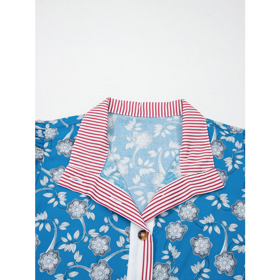 Floral Print Striped Trim Button Neck Short Sleeve Blouse Apparel and Accessories