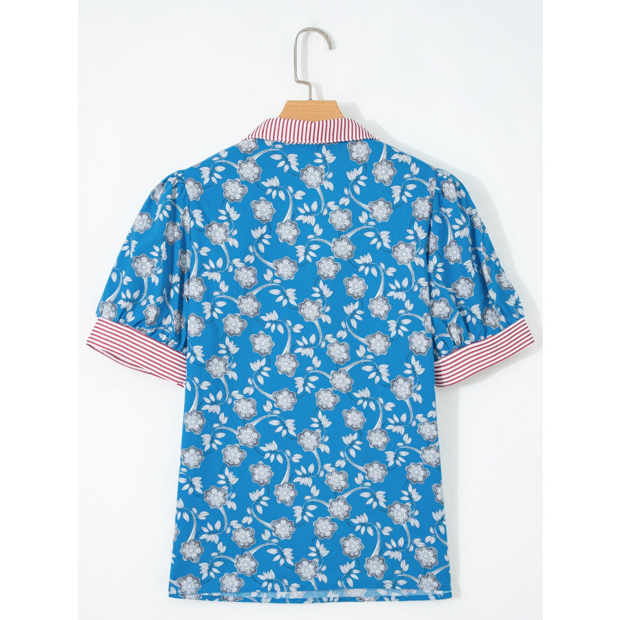 Floral Print Striped Trim Button Neck Short Sleeve Blouse Apparel and Accessories