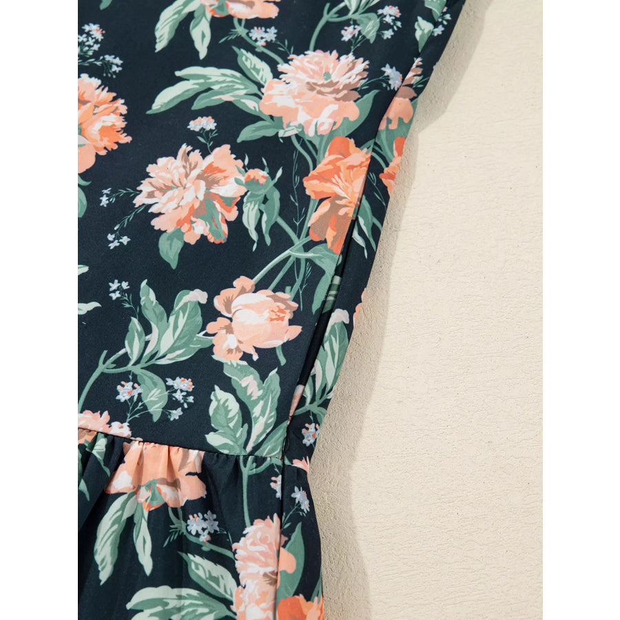 Floral Print Striped Trim V Neck Long Sleeve Ruffle Hem Shift Mini Dress Apparel and Accessories