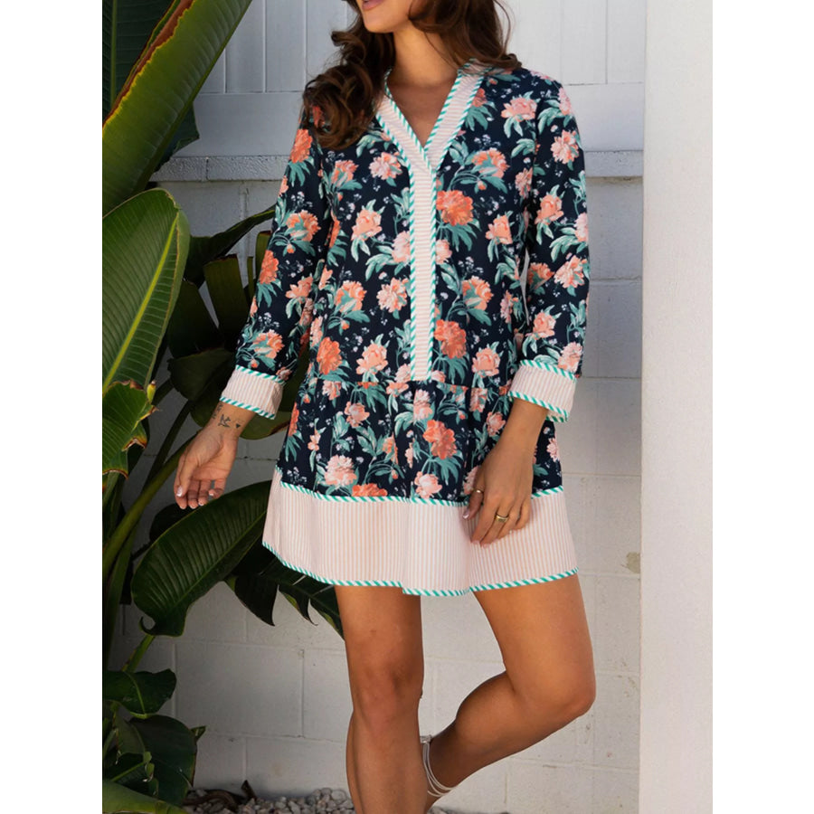 Floral Print Striped Trim V Neck Long Sleeve Ruffle Hem Shift Mini Dress Apparel and Accessories