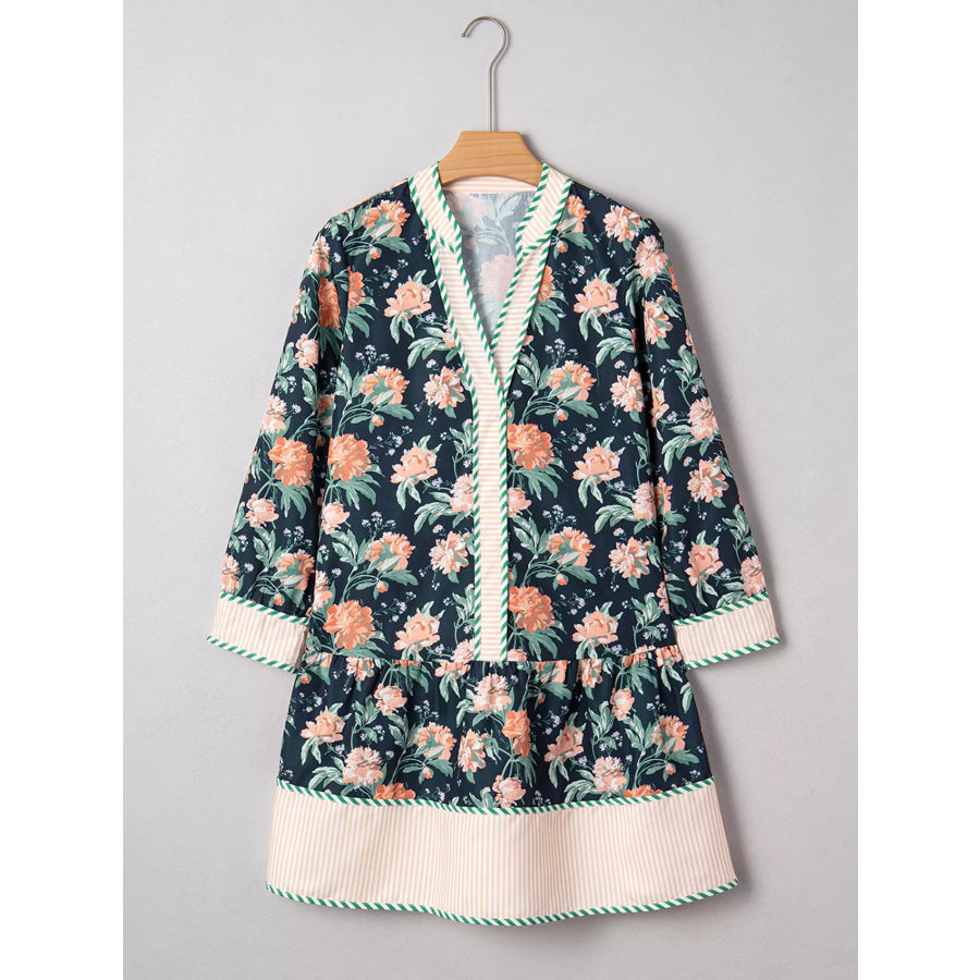 Floral Print Striped Trim V Neck Long Sleeve Ruffle Hem Shift Mini Dress Apparel and Accessories
