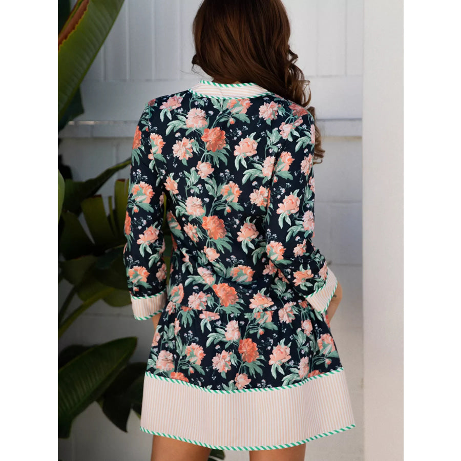 Floral Print Striped Trim V Neck Long Sleeve Ruffle Hem Shift Mini Dress Apparel and Accessories