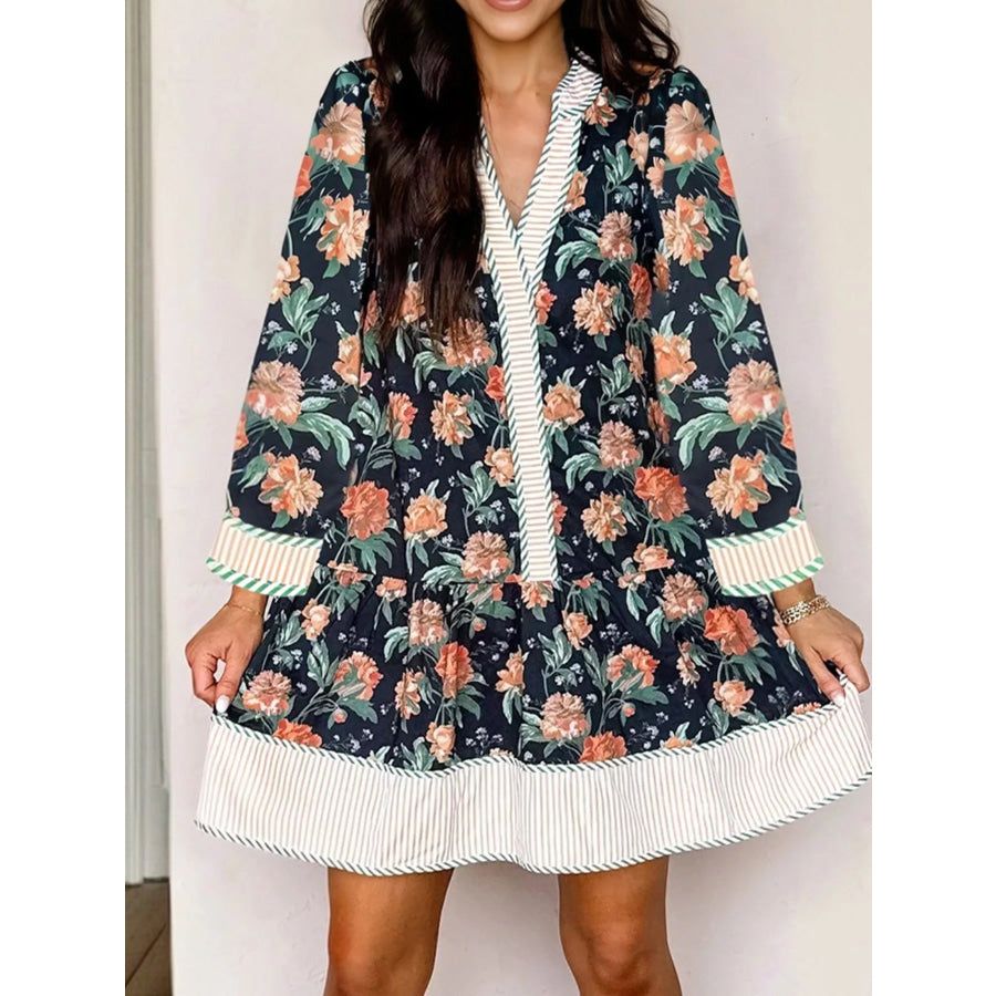 Floral Print Striped Trim V Neck Long Sleeve Ruffle Hem Shift Mini Dress Apparel and Accessories