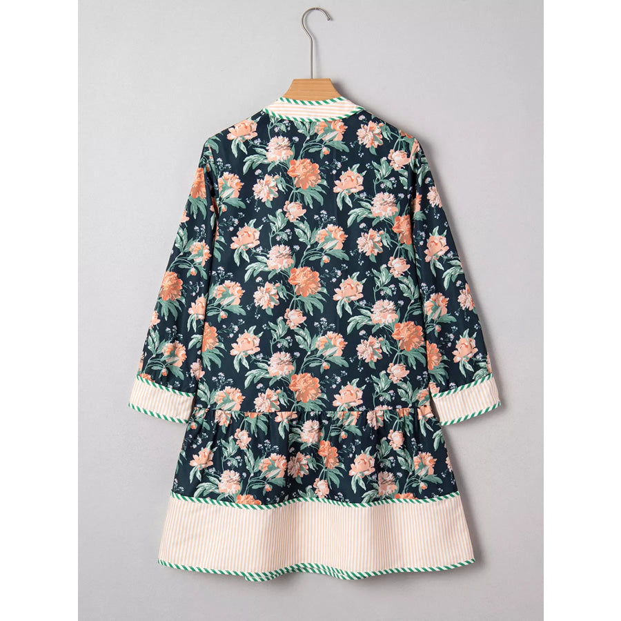 Floral Print Striped Trim V Neck Long Sleeve Ruffle Hem Shift Mini Dress Apparel and Accessories