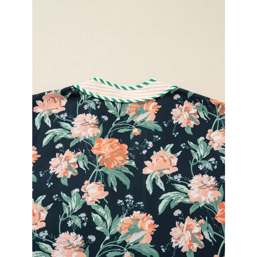 Floral Print Striped Trim V Neck Long Sleeve Ruffle Hem Shift Mini Dress Apparel and Accessories