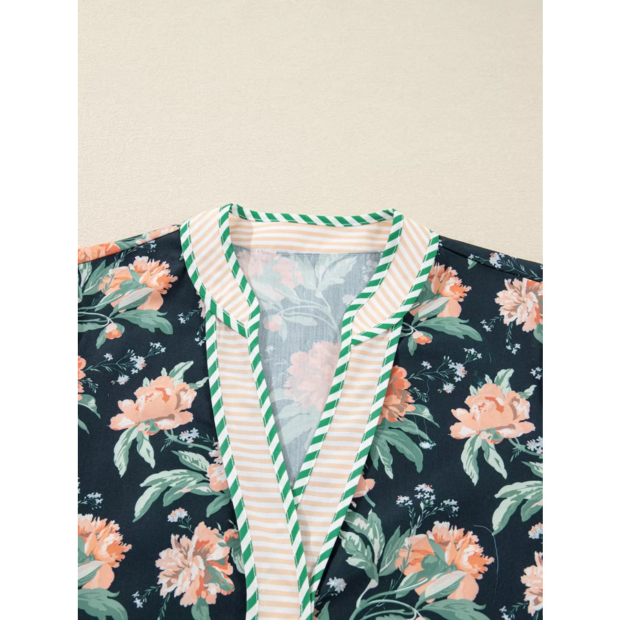 Floral Print Striped Trim V Neck Long Sleeve Ruffle Hem Shift Mini Dress Apparel and Accessories