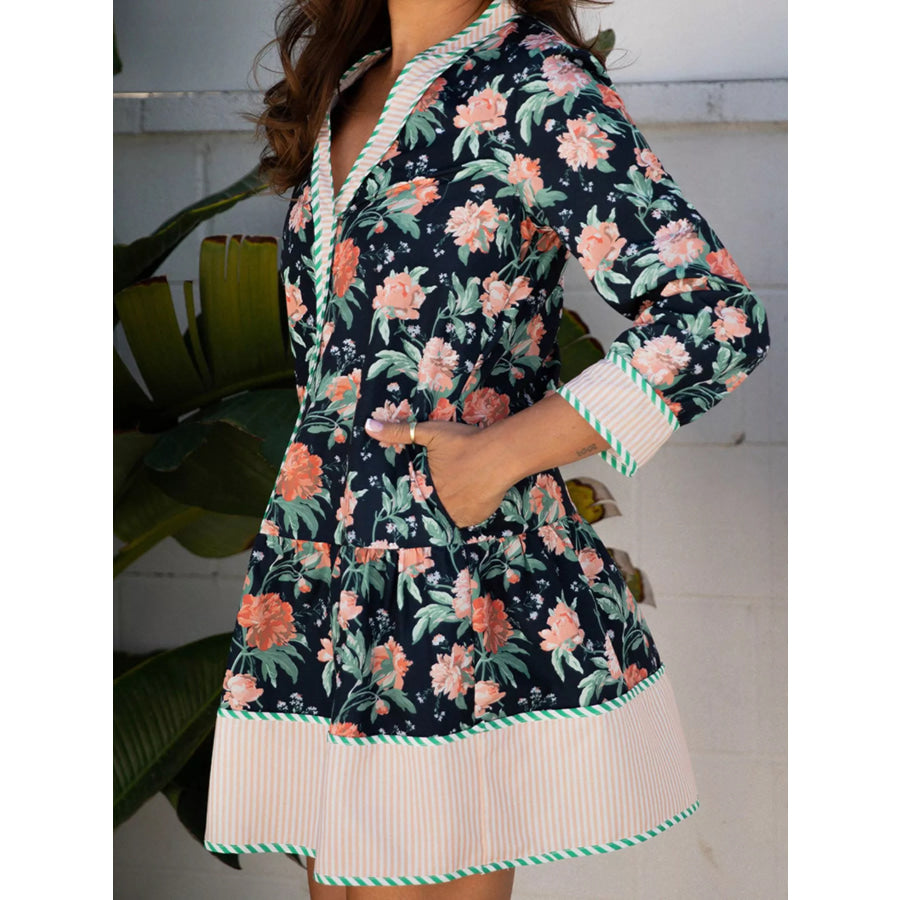 Floral Print Striped Trim V Neck Long Sleeve Ruffle Hem Shift Mini Dress Apparel and Accessories
