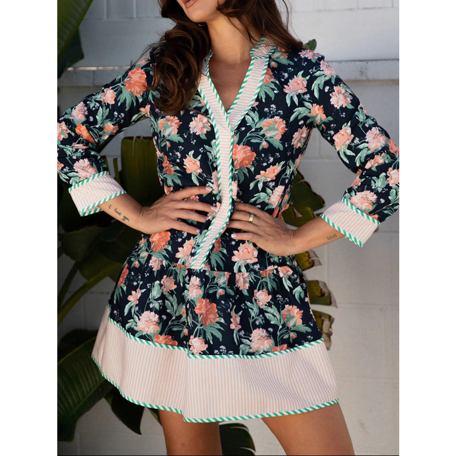 Floral Print Striped Trim V Neck Long Sleeve Ruffle Hem Shift Mini Dress Floral / S Apparel and Accessories