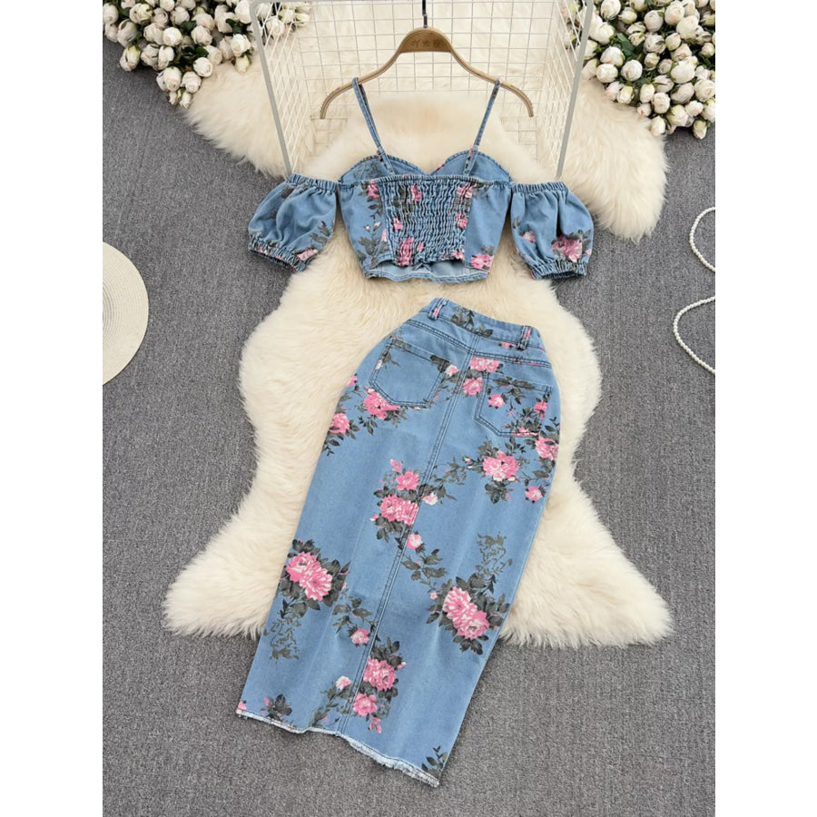 Floral Print Sweetheart Neck Cami and Skirt Denim Set Blue / S Apparel and Accessories