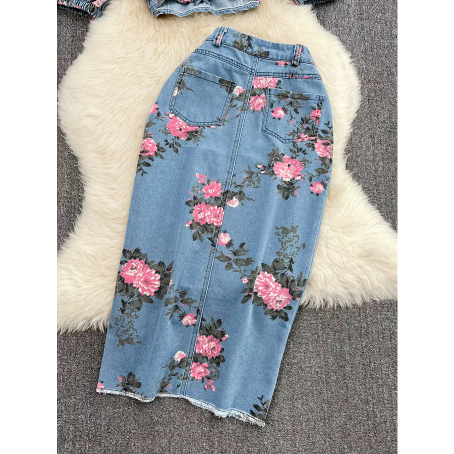 Floral Print Sweetheart Neck Cami and Skirt Denim Set Apparel and Accessories