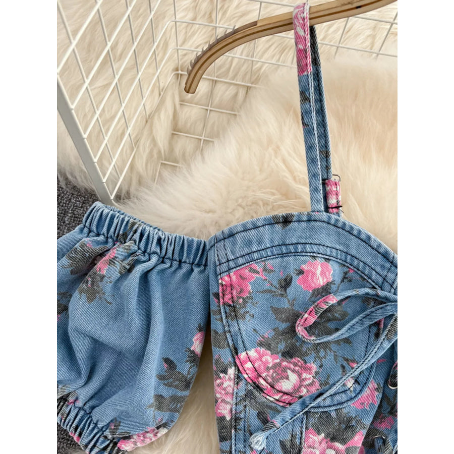 Floral Print Sweetheart Neck Cami and Skirt Denim Set Apparel and Accessories