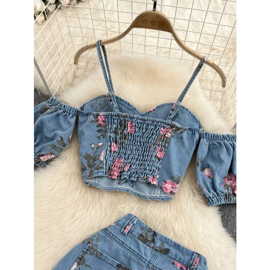 Floral Print Sweetheart Neck Cami and Skirt Denim Set Apparel and Accessories