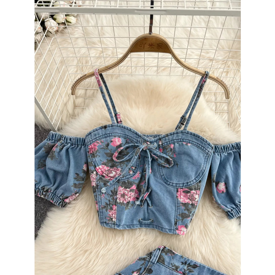 Floral Print Sweetheart Neck Cami and Skirt Denim Set Apparel and Accessories