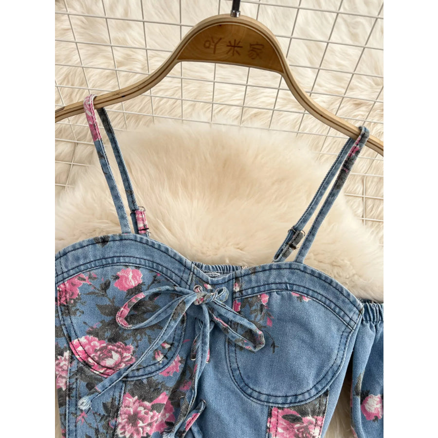 Floral Print Sweetheart Neck Cami and Skirt Denim Set Apparel and Accessories