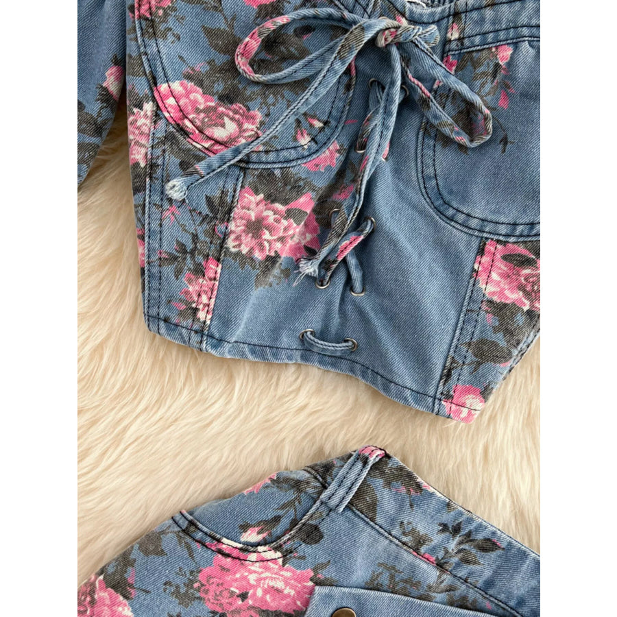 Floral Print Sweetheart Neck Cami and Skirt Denim Set Apparel and Accessories