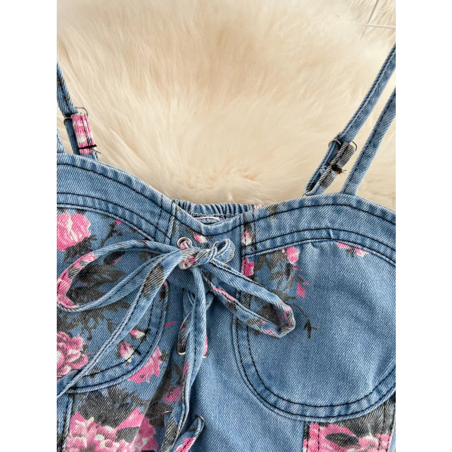Floral Print Sweetheart Neck Cami and Skirt Denim Set Apparel and Accessories