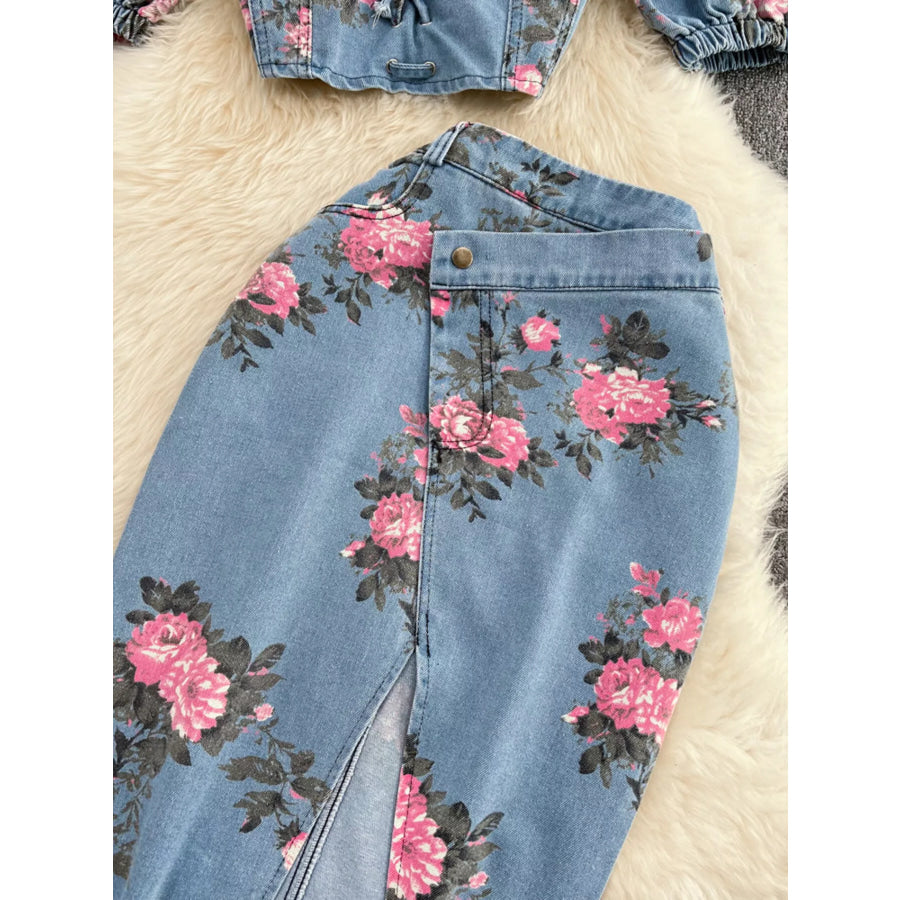 Floral Print Sweetheart Neck Cami and Skirt Denim Set Apparel and Accessories