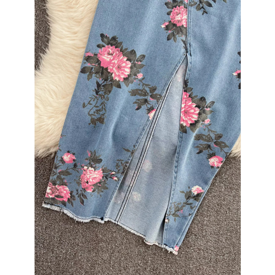 Floral Print Sweetheart Neck Cami and Skirt Denim Set Apparel and Accessories