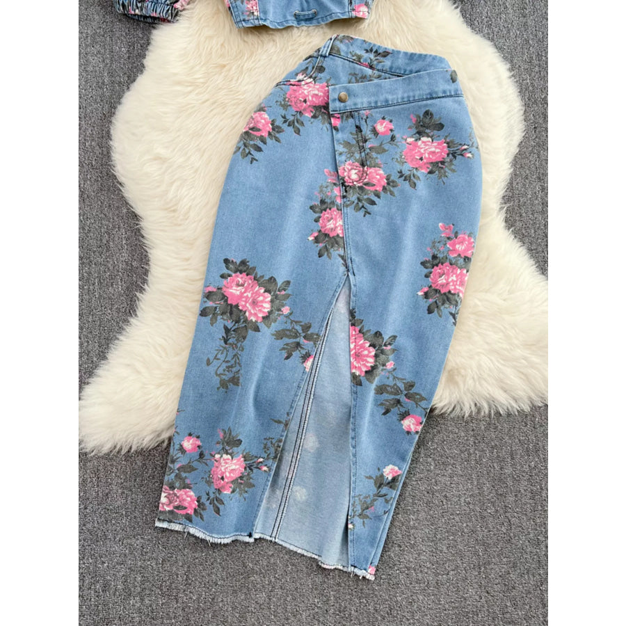 Floral Print Sweetheart Neck Cami and Skirt Denim Set Apparel and Accessories