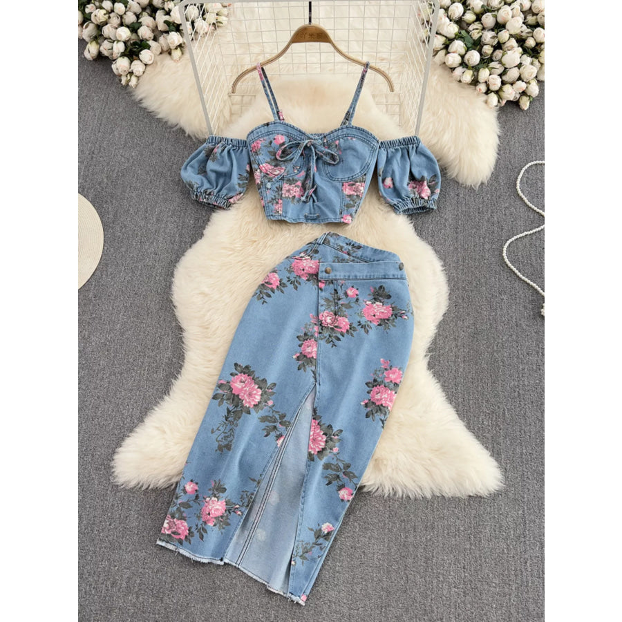 Floral Print Sweetheart Neck Cami and Skirt Denim Set Blue / S Apparel and Accessories